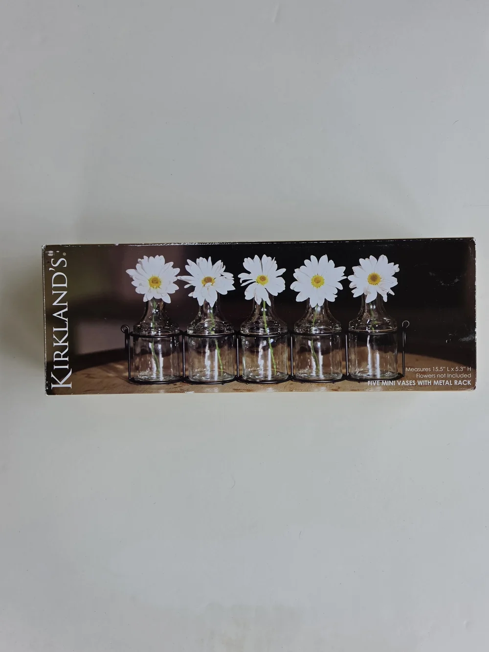 Kirkland's 5 Clear Glass Mini Vases with Black Metal Rack NWT